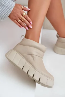 Zazoo 60470 Skórzane Botki Ocieplane Wełną Na Platformie Jasnobeżowe