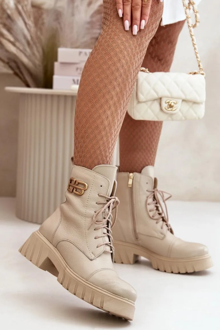 Zazoo 60486 Skórzane Botki Workery Ocieplane Ze Złotym Detalem Jasnobeżowe