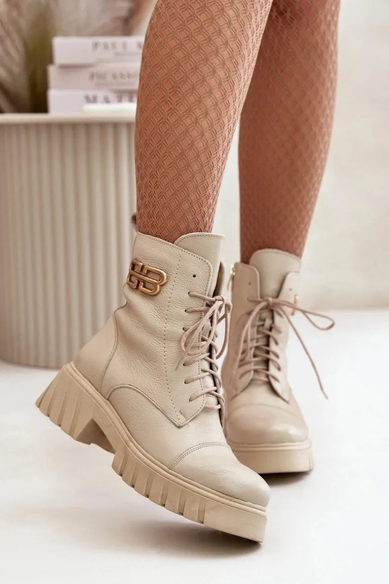 Zazoo 60486 Skórzane Botki Workery Ocieplane Ze Złotym Detalem Jasnobeżowe