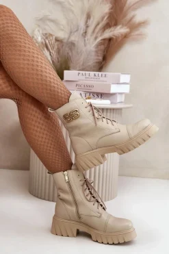 Zazoo 60486 Skórzane Botki Workery Ocieplane Ze Złotym Detalem Jasnobeżowe