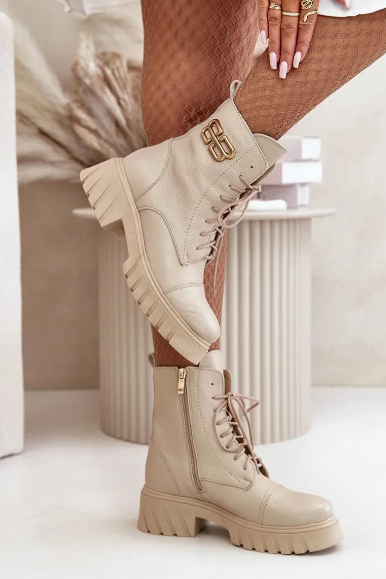 Zazoo 60486 Skórzane Botki Workery Ocieplane Ze Złotym Detalem Jasnobeżowe