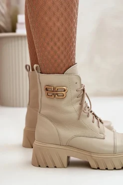Zazoo 60486 Skórzane Botki Workery Ocieplane Ze Złotym Detalem Jasnobeżowe