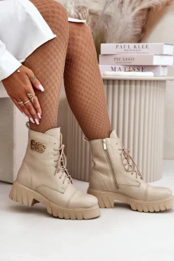 Zazoo 60486 Skórzane Botki Workery Ocieplane Ze Złotym Detalem Jasnobeżowe