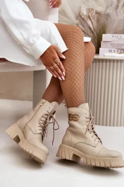 Zazoo 60486 Skórzane Botki Workery Ocieplane Ze Złotym Detalem Jasnobeżowe