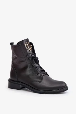 Zazoo 2955 Skórzane Botki Workery Ze Złotym Detalem Na Języku Czarne