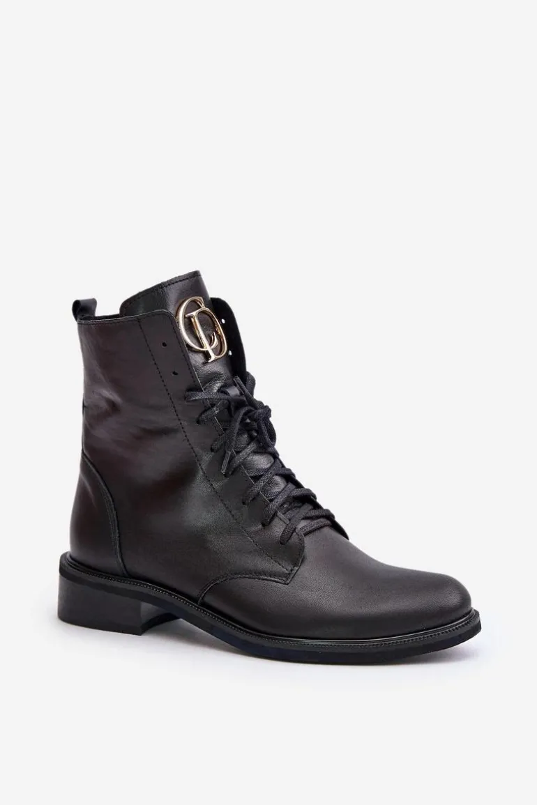 Zazoo 2955 Skórzane Botki Workery Ze Złotym Detalem Na Języku Czarne