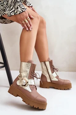 Zazoo 2942 Skórzane Botki Workery Ze Złotą Klamrą Beżowe