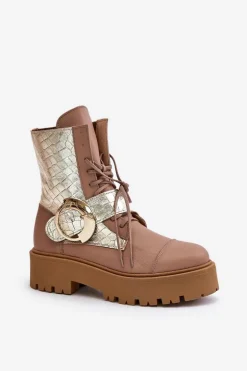 Zazoo 2942 Skórzane Botki Workery Ze Złotą Klamrą Beżowe