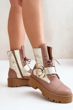 Zazoo 2942 Skórzane Botki Workery Ze Złotą Klamrą Beżowe