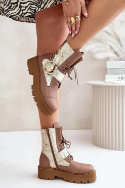 Zazoo 2942 Skórzane Botki Workery Ze Złotą Klamrą Beżowe