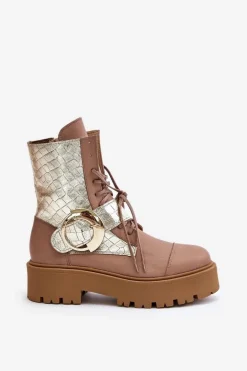 Zazoo 2942 Skórzane Botki Workery Ze Złotą Klamrą Beżowe