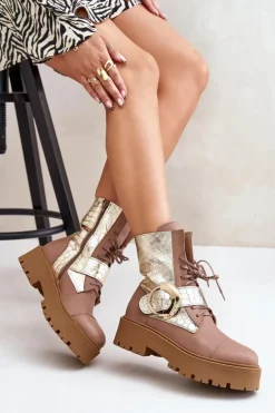 Zazoo 2942 Skórzane Botki Workery Ze Złotą Klamrą Beżowe