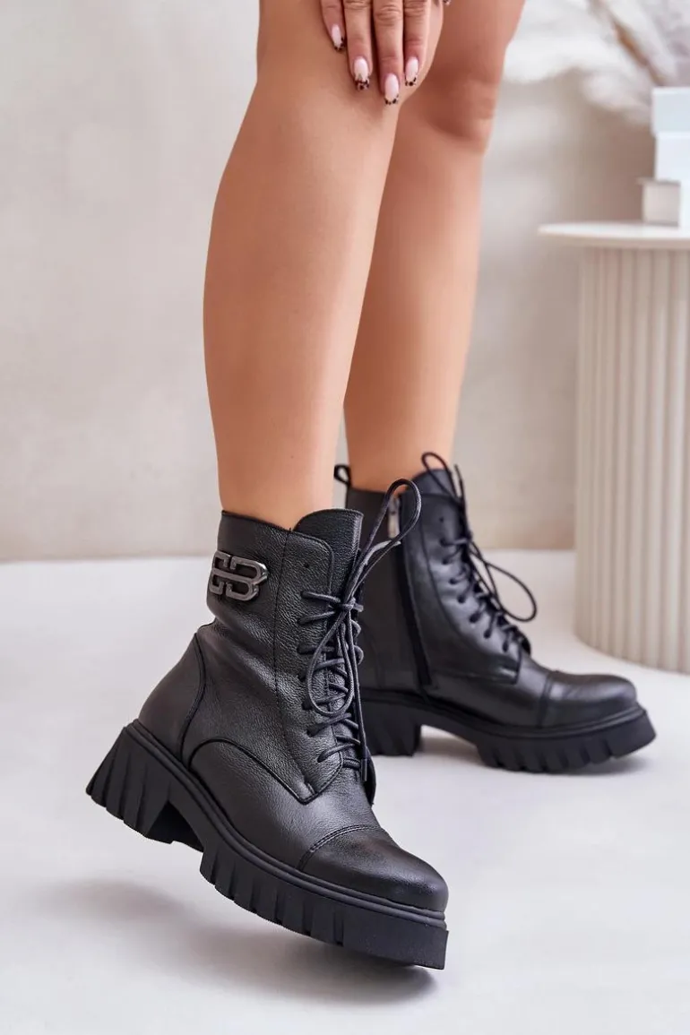 Zazoo 60486 Skórzane Botki Workery Ocieplane Czarne