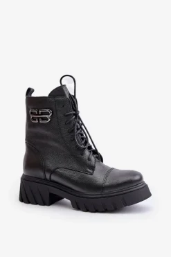 Zazoo 60486 Skórzane Botki Workery Ocieplane Czarne