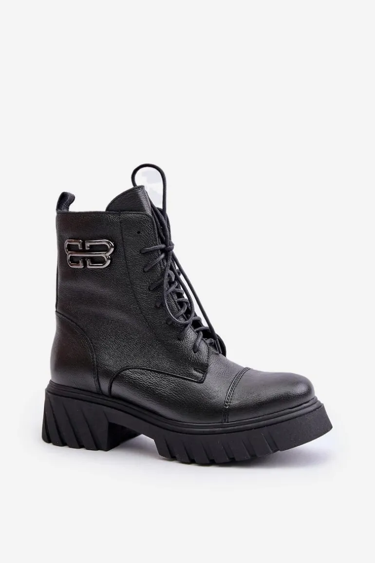 Zazoo 60486 Skórzane Botki Workery Ocieplane Czarne