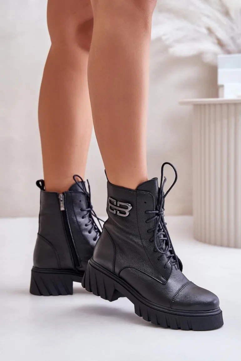 Zazoo 60486 Skórzane Botki Workery Ocieplane Czarne