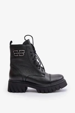 Zazoo 60486 Skórzane Botki Workery Ocieplane Czarne