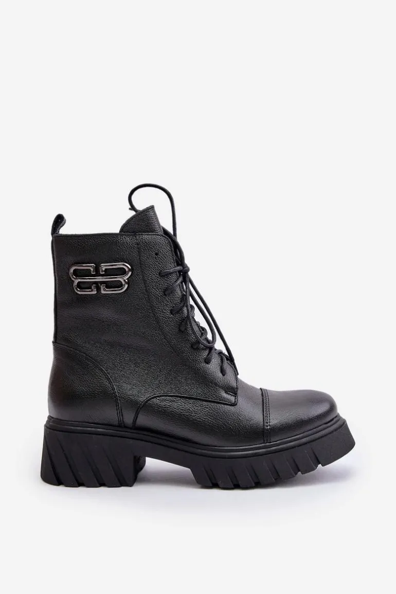 Zazoo 60486 Skórzane Botki Workery Ocieplane Czarne