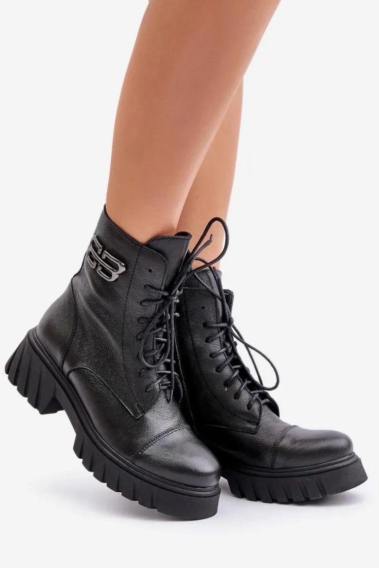 Zazoo 60486 Skórzane Botki Workery Ocieplane Czarne