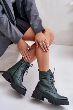 Zazoo 60486 Skórzane Botki Workery Ocieplane Ciemnozielone