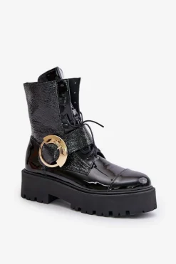 Zazoo 2942 Skórzane Botki Workery Ze Złotą Klamrą Czarne