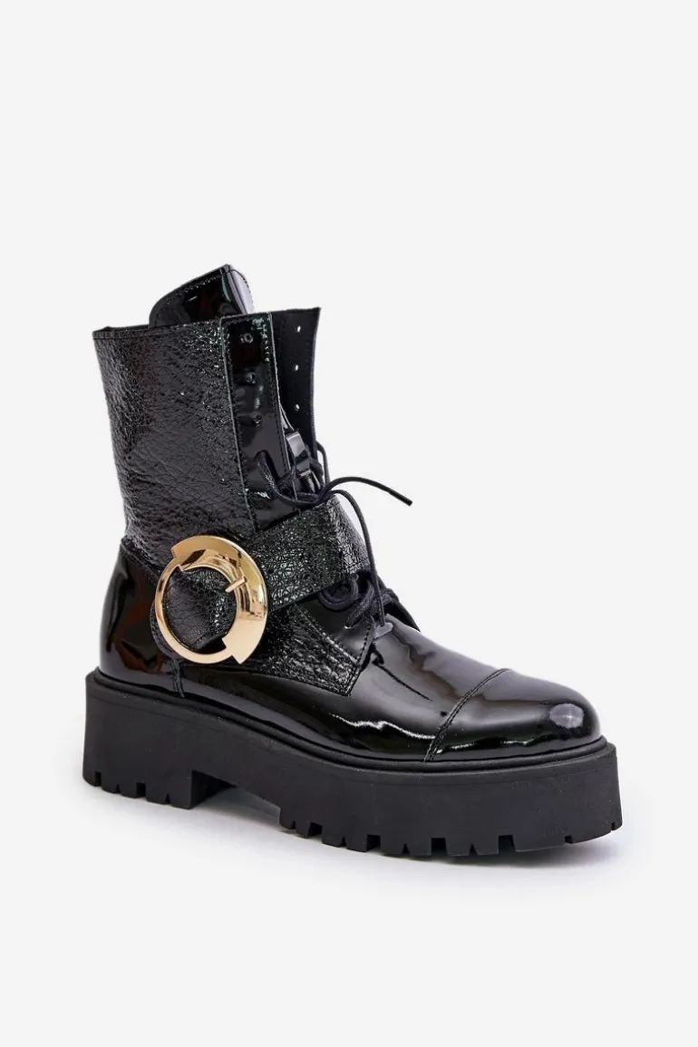 Zazoo 2942 Skórzane Botki Workery Ze Złotą Klamrą Czarne