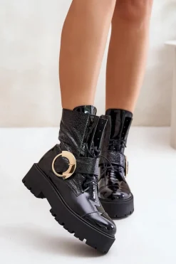 Zazoo 2942 Skórzane Botki Workery Ze Złotą Klamrą Czarne