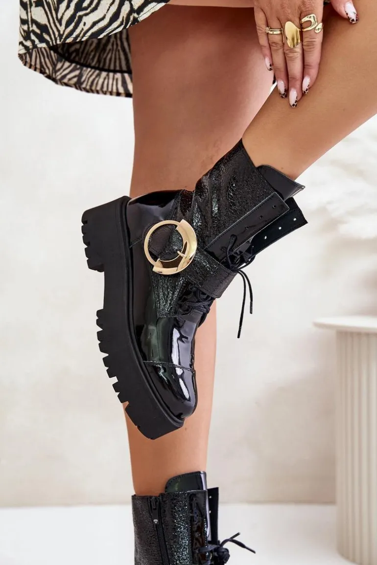 Zazoo 2942 Skórzane Botki Workery Ze Złotą Klamrą Czarne