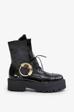 Zazoo 2942 Skórzane Botki Workery Ze Złotą Klamrą Czarne