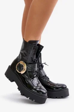 Zazoo 2942 Skórzane Botki Workery Ze Złotą Klamrą Czarne