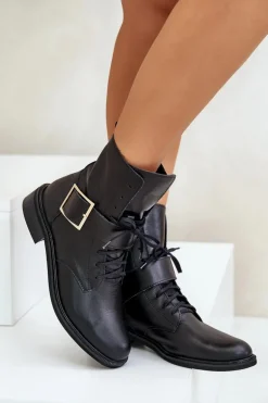 Zazoo 2949 Skórzane Botki Z Klamrą Czarne