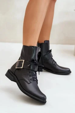 Zazoo 2949 Skórzane Botki Z Klamrą Czarne