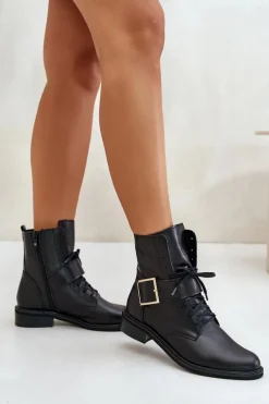 Zazoo 2949 Skórzane Botki Z Klamrą Czarne