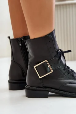 Zazoo 2949 Skórzane Botki Z Klamrą Czarne