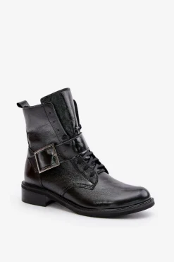 Zazoo 2949 Skórzane Botki Z Klamrą Czarne