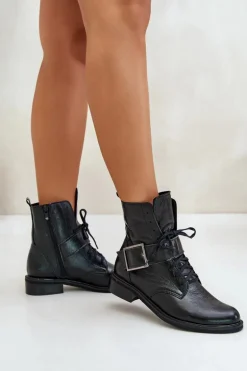 Zazoo 2949 Skórzane Botki Z Klamrą Czarne