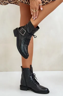 Zazoo 2949 Skórzane Botki Z Klamrą Czarne