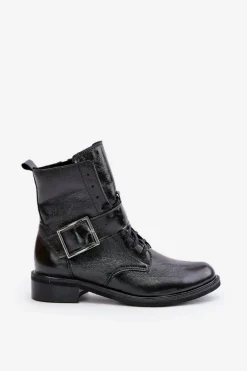 Zazoo 2949 Skórzane Botki Z Klamrą Czarne