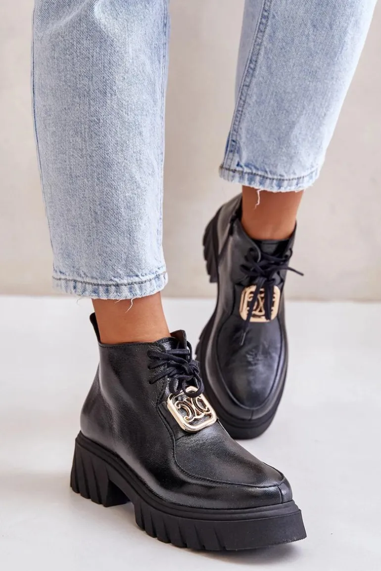 Zazoo 2952 Skórzane Botki Ze Złotą Ozdobą Czarne