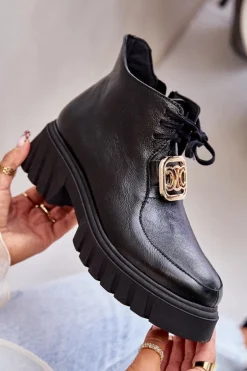 Zazoo 2952 Skórzane Botki Ze Złotą Ozdobą Czarne