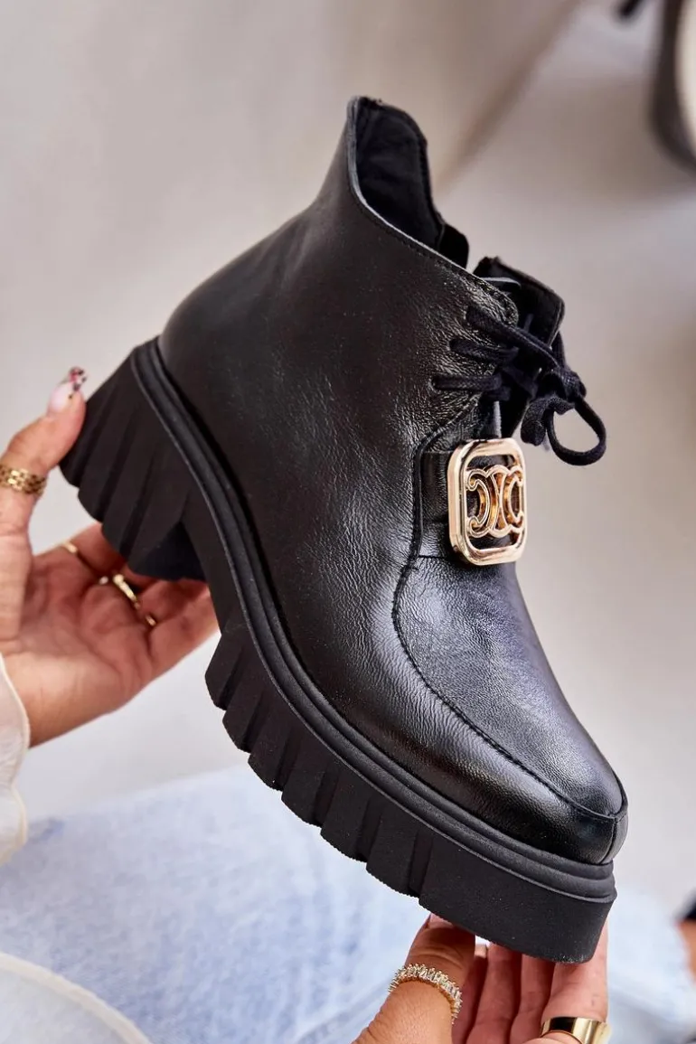 Zazoo 2952 Skórzane Botki Ze Złotą Ozdobą Czarne