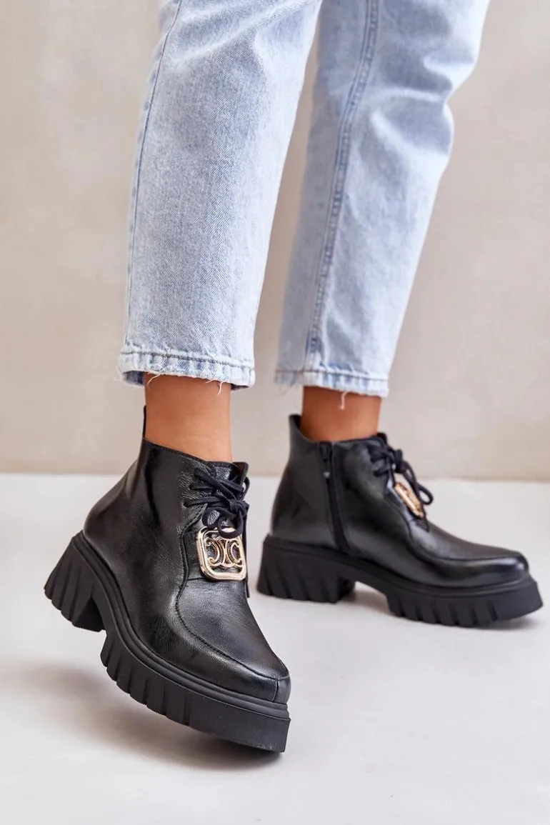 Zazoo 2952 Skórzane Botki Ze Złotą Ozdobą Czarne