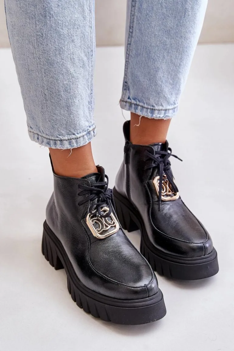 Zazoo 2952 Skórzane Botki Ze Złotą Ozdobą Czarne