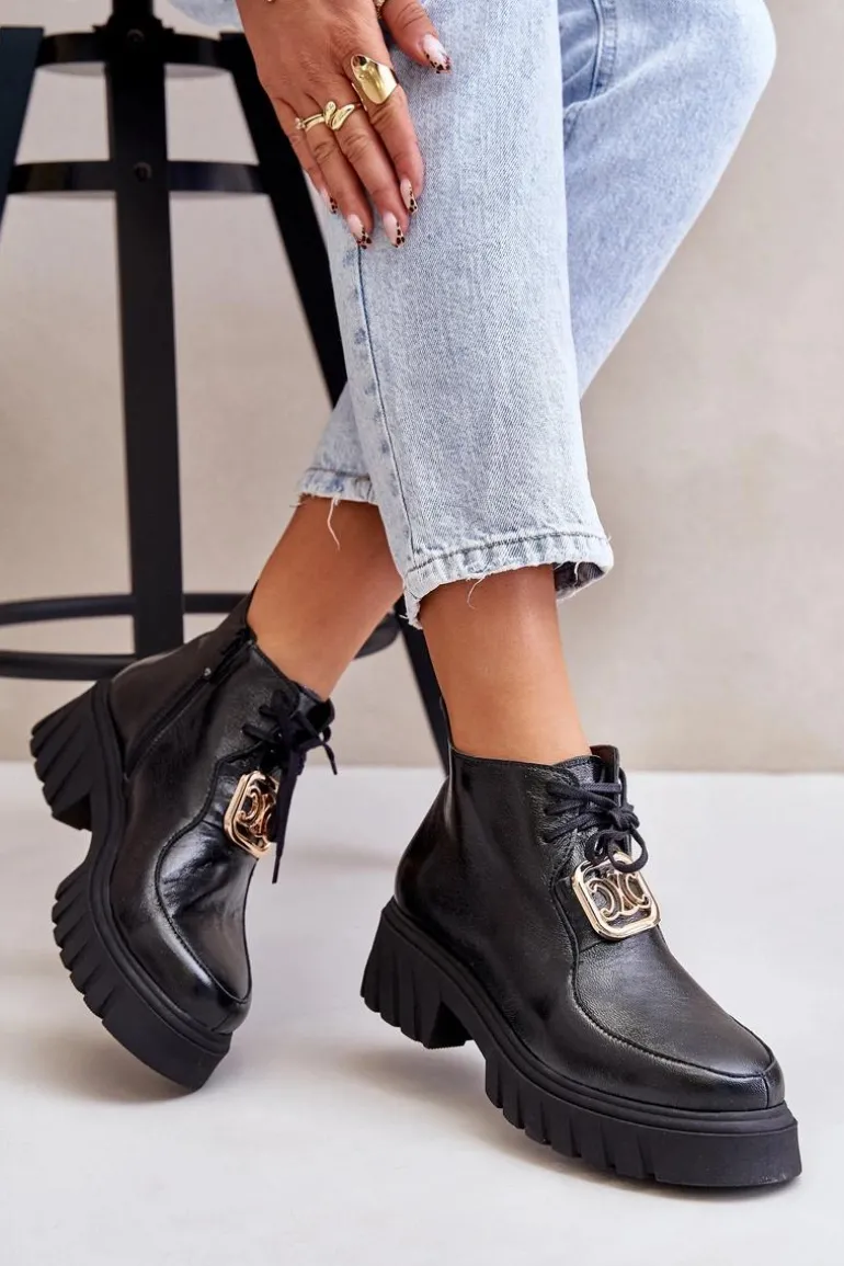 Zazoo 2952 Skórzane Botki Ze Złotą Ozdobą Czarne