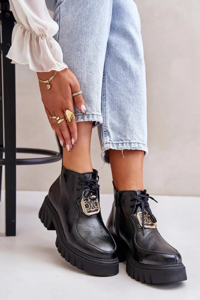 Zazoo 2952 Skórzane Botki Ze Złotą Ozdobą Czarne