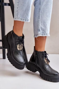 Zazoo 2952 Skórzane Botki Ze Złotą Ozdobą Czarne