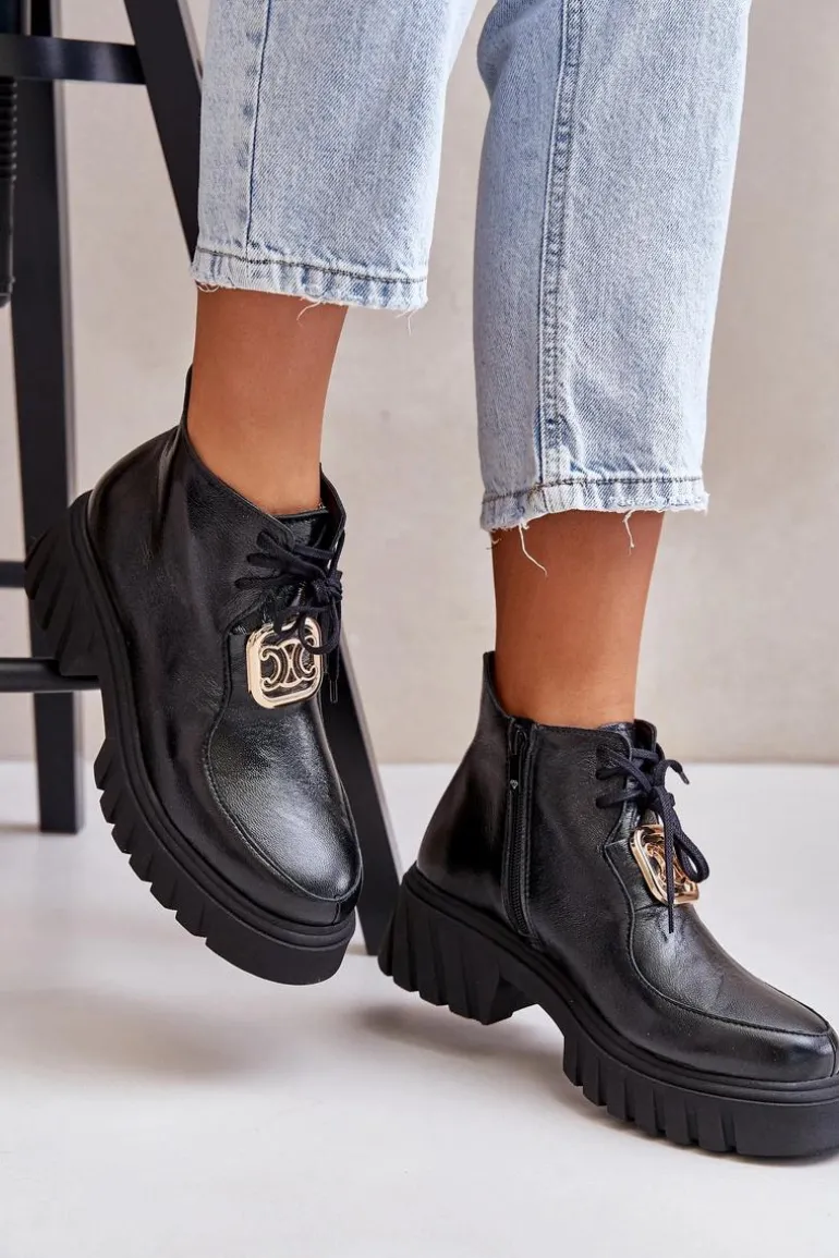 Zazoo 2952 Skórzane Botki Ze Złotą Ozdobą Czarne