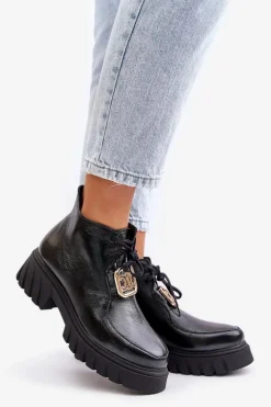 Zazoo 2952 Skórzane Botki Ze Złotą Ozdobą Czarne