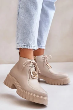 Zazoo 2952 Skórzane Botki Ze Złotą Ozdobą Beżowe