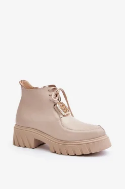 Zazoo 2952 Skórzane Botki Ze Złotą Ozdobą Beżowe